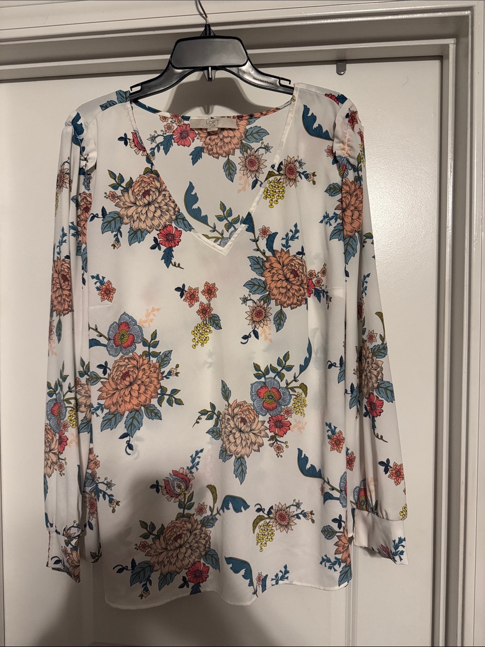 LOFT Floral V-Neck Long Sleeve Blouse - White/Multicolor SIZE 20